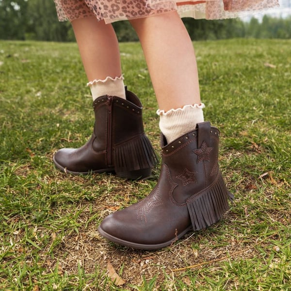 Girls Star Pattern Western Cowgirl Boots - BROWN - 1